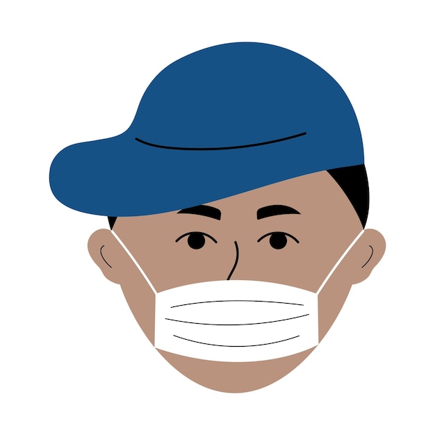 Boy face in a cap with medical mask Colorful avatar of man in doodle style