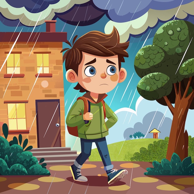 Boy face indignant goes house Rain vector