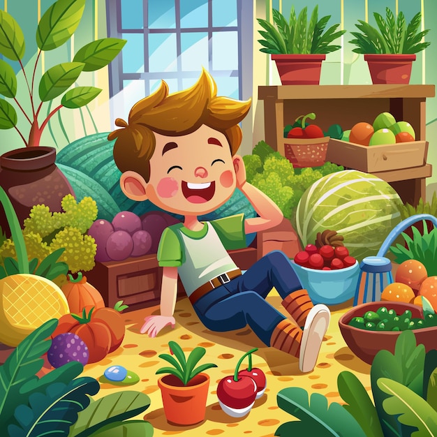 Boy face jubilant rests room Vegetables vector