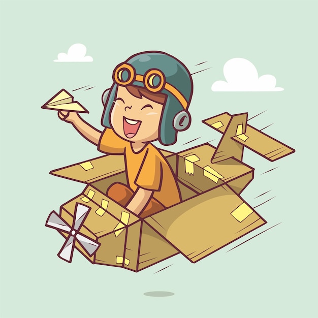 Boy flying in cardboard plane. Hand drawn art