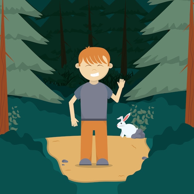 Vector boy in the forest with rabbit 