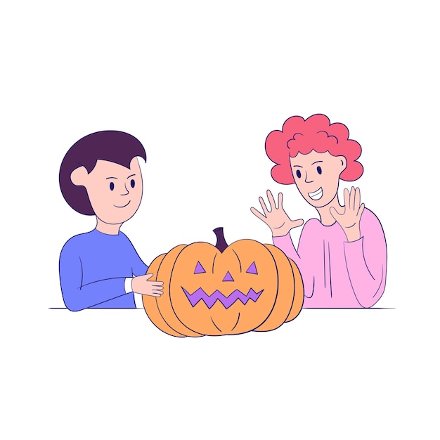 The boy gave a pumpkin to the girl Halloween illustration Modern style