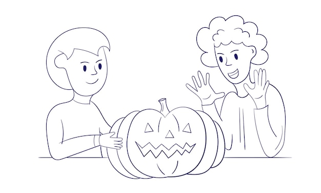 Vector the boy gave a pumpkin to the girl halloween illustration modern style