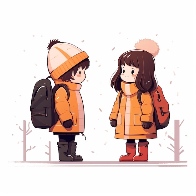 boy and girl are going to school in the winter