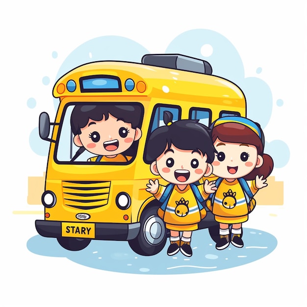 boy and girl are going to school with the bus school back to school day