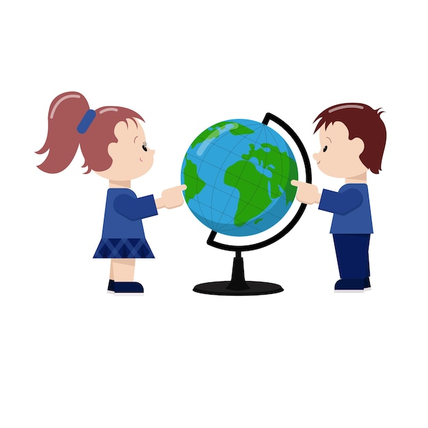 A boy and a girl are schoolchildren the globe school friendship cartoon vector illustration