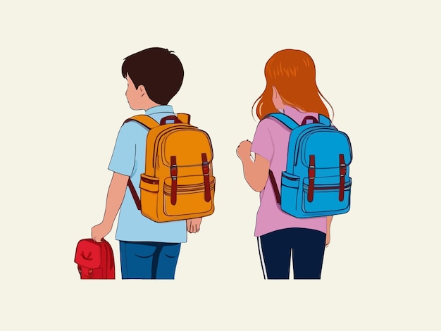 a boy and a girl are standing next to each other and one has a backpack on it