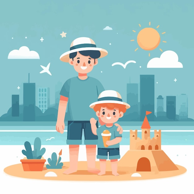 a boy and a girl are standing in front of a sand castle