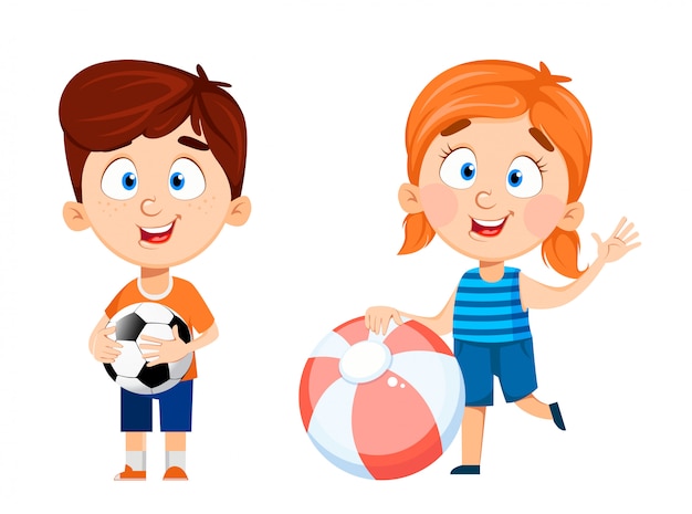 Vector boy and girl cartoon characters, set of two poses