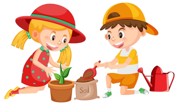 Boy and girl cartoon gardening on white background