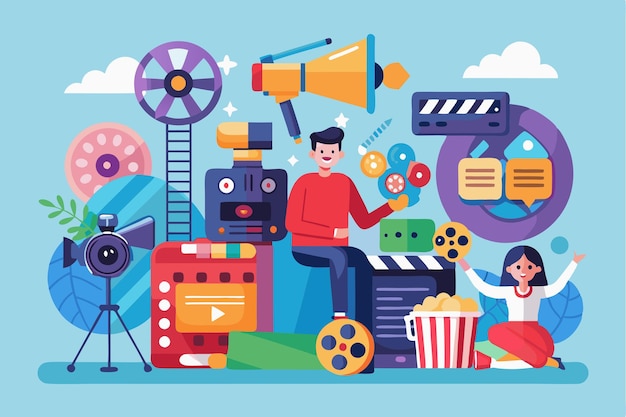 Vector a boy and girl engage in moviemaking activities surrounded by various film equipment and props recording a movie customizable disproportionate illustration