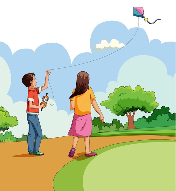 Boy and girl flying kite