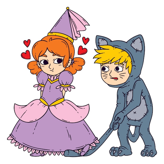 Boy and girl in halloween costumes princess and cat.