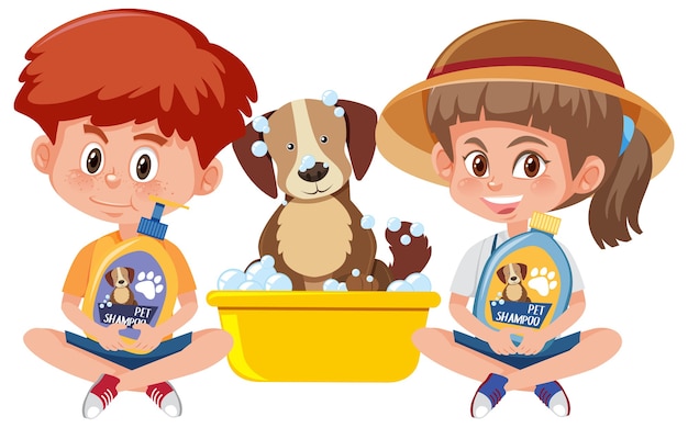 Boy and girl holding dog shampoo product with cute dog on white background