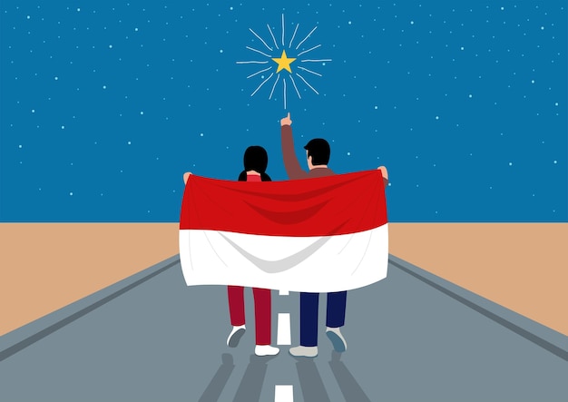 Vector boy and girl holding the flag of indonesia while walking on the road to reach the stars