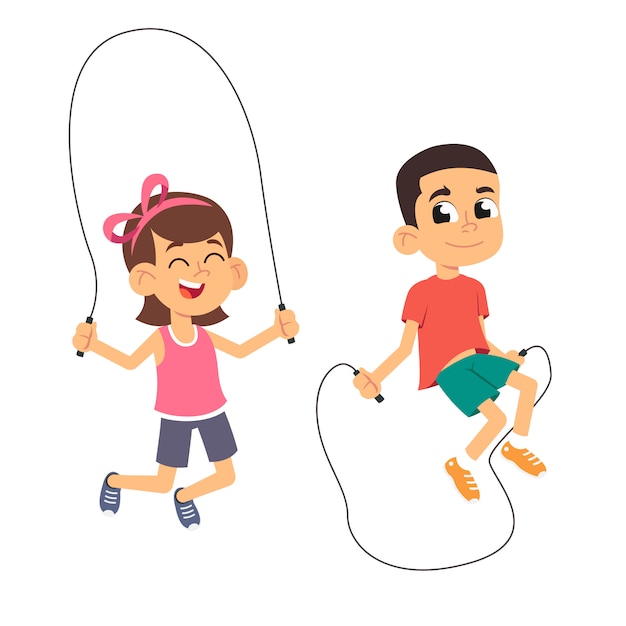 Boy and girl jumping rope.