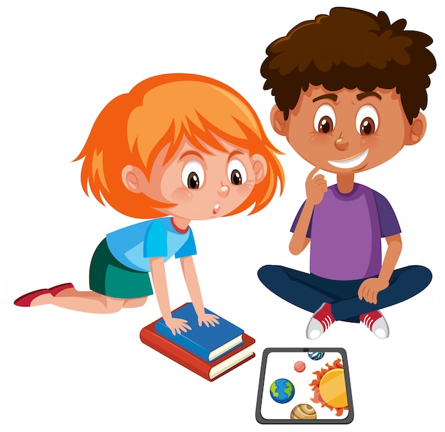 Boy and girl learning with tablet