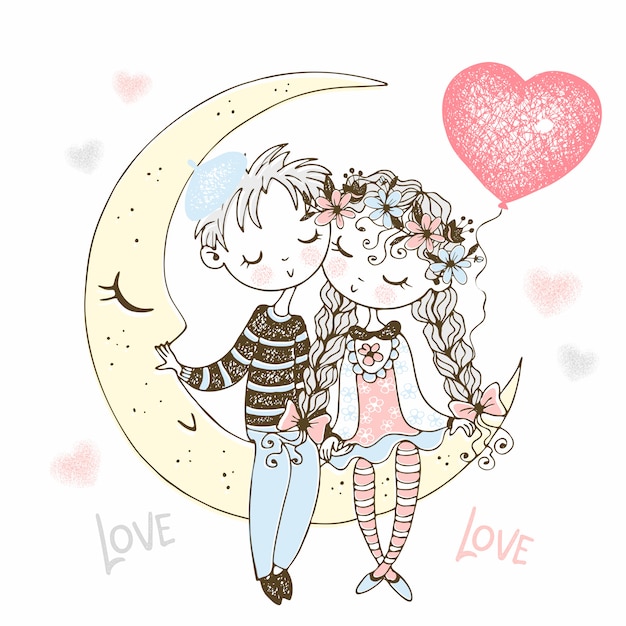 A boy and a girl in love are sitting on the moon with a balloon in the form of a heart.