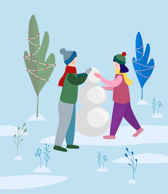 Boy and girl making snowman in the park. Flat vector illustration