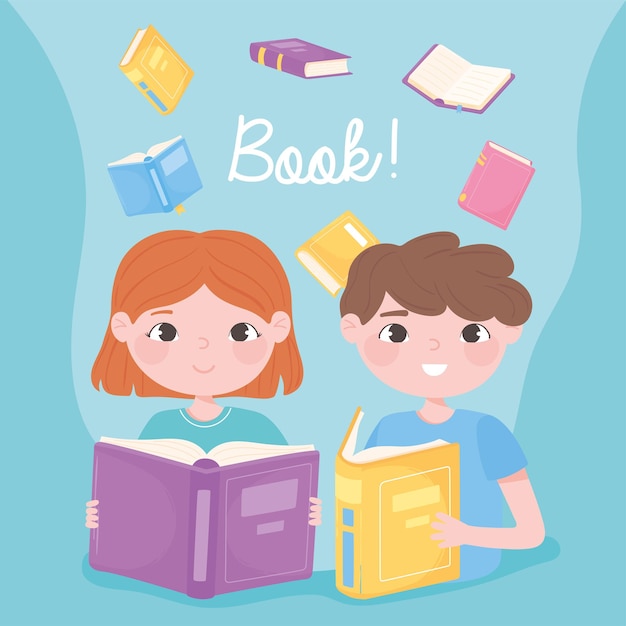 Boy and girl read books learn and academic education design illustration