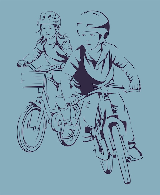 Boy and girl riding bikes close to each other Vector line art illustration