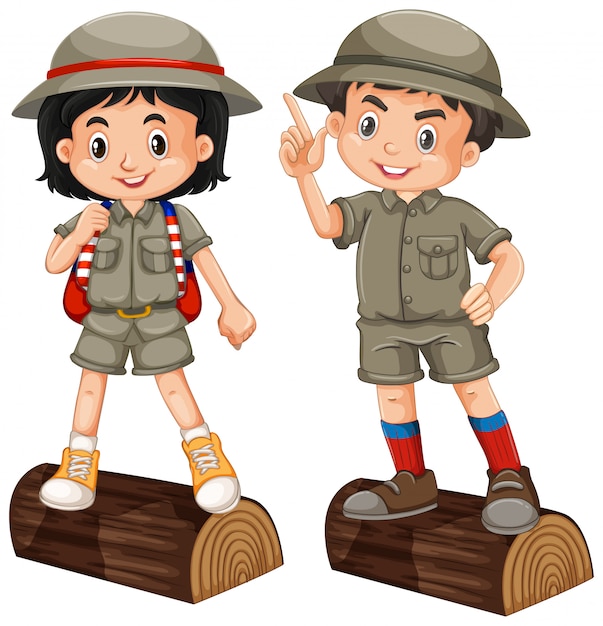 Boy and girl in safari outfit on white background