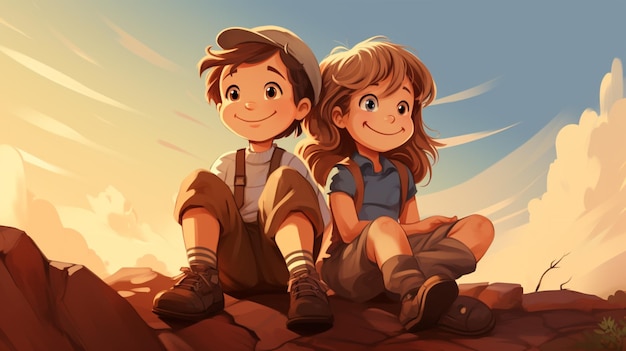 a boy and girl sit on a rock and look at the sky