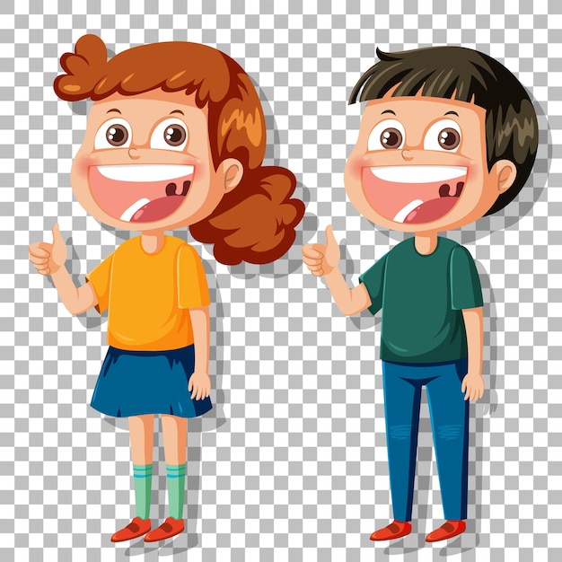 Boy and girl smiling on grid background