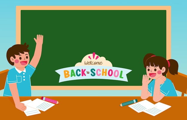 Boy And Girl Studying In Classroom With Blackboard in Background Vector