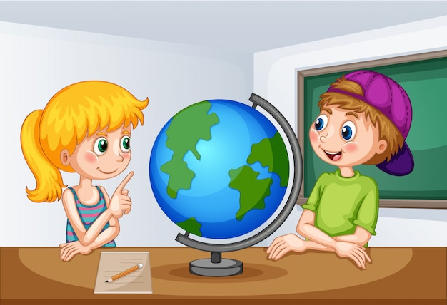 Boy and girl studying geography