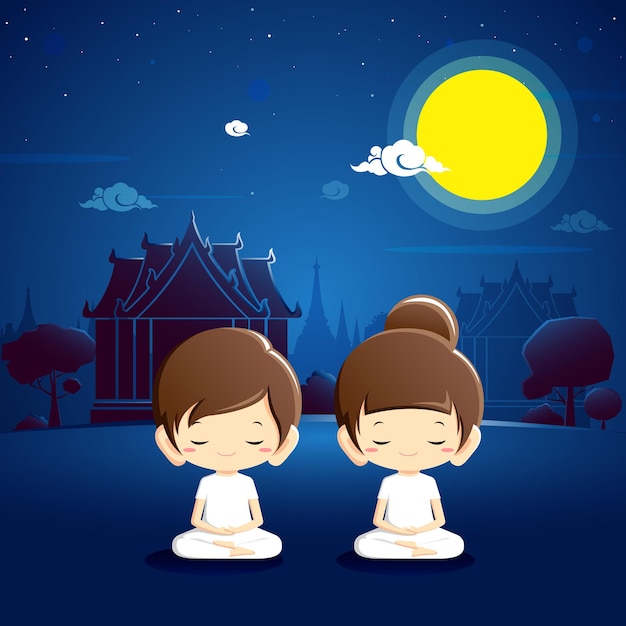 Boy and girl in white clothing meditating at temple with night scene