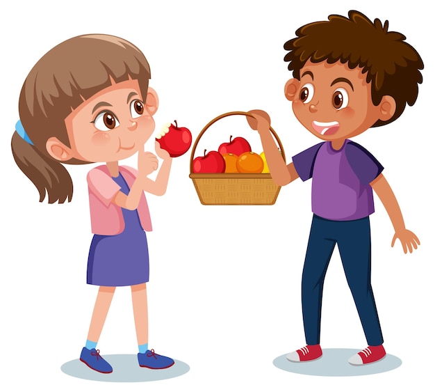 Boy and girl with basket of fruit on white background