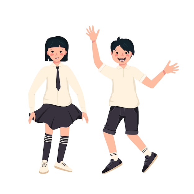 Boy and girl with dark hair, hairstyle and school uniforms. Happy smiling kids.