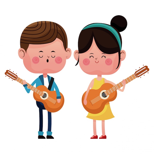 Boy and girl with guitars singing happy love 