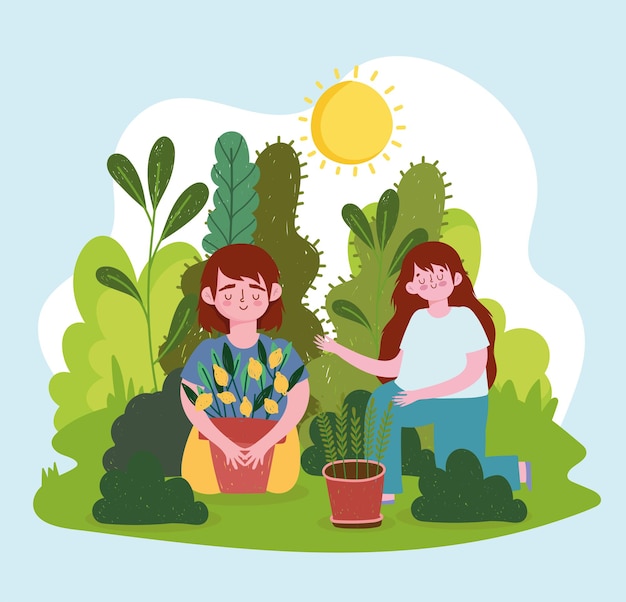 Boy and girl with plants