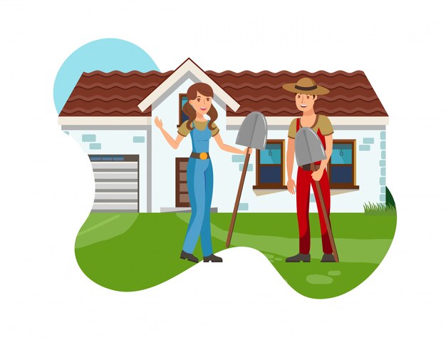 Boy and Girl with Shovels Flat Vector Illustration