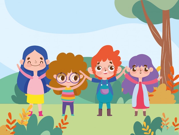 Boy and girls happy facial expression character cartoon outdoors