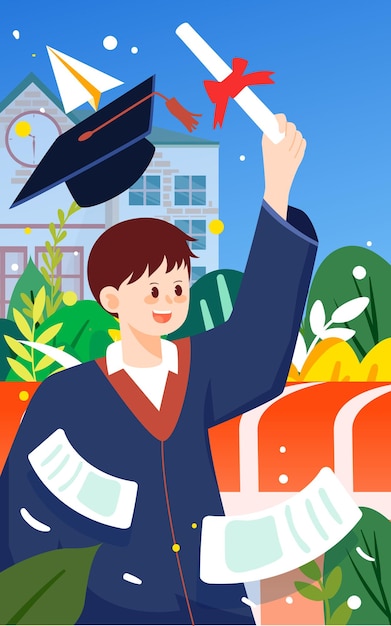 Boy graduating in a bachelor's uniform with books and school in the background vector illustration