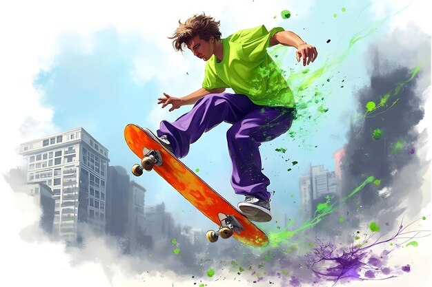 Vector a boy in a green shirt is jumping on a skateboard