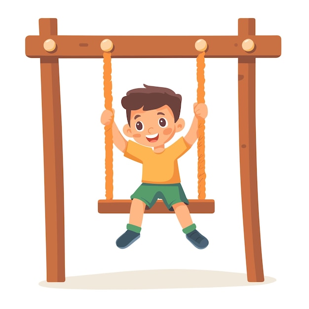 A boy hanging from a jungle gym with one hand