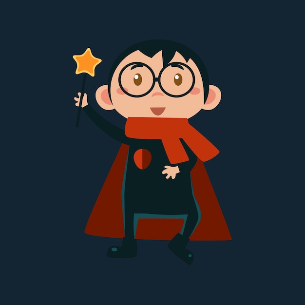 Boy In Harry Potter Haloween Disguise Funny Flat Vector Illustration On Dark Background