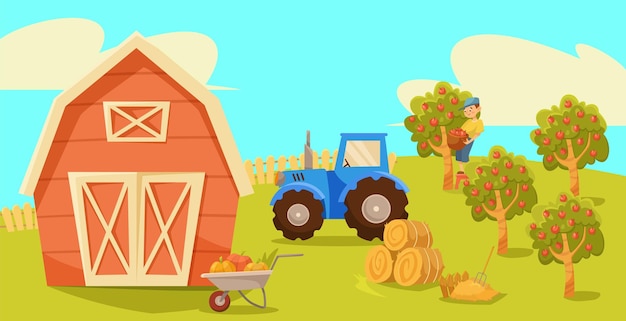 Boy harvesting apples on farm vector illustration