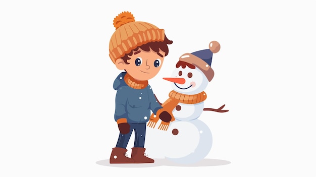 Vector a boy in a hat and a snowman with a snowman