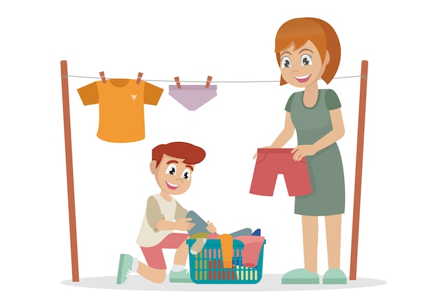 Boy helping mother to dry the shirt outside