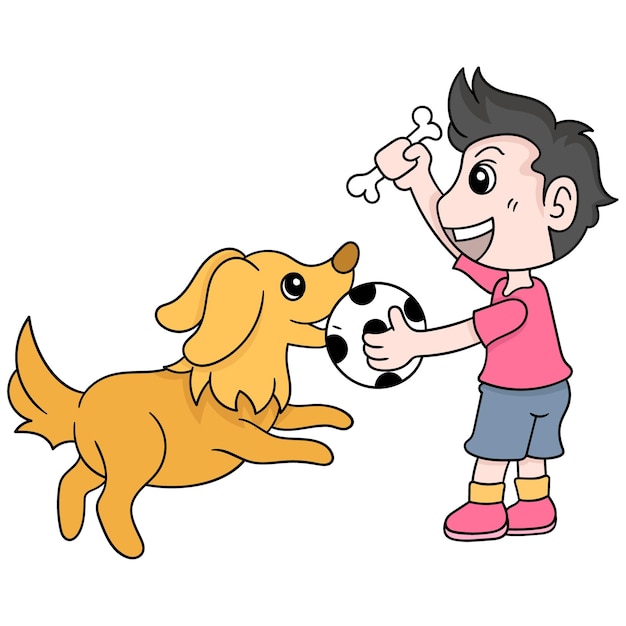 Boy and his pet dog are playing ball together, vector illustration art. doodle icon image kawaii.