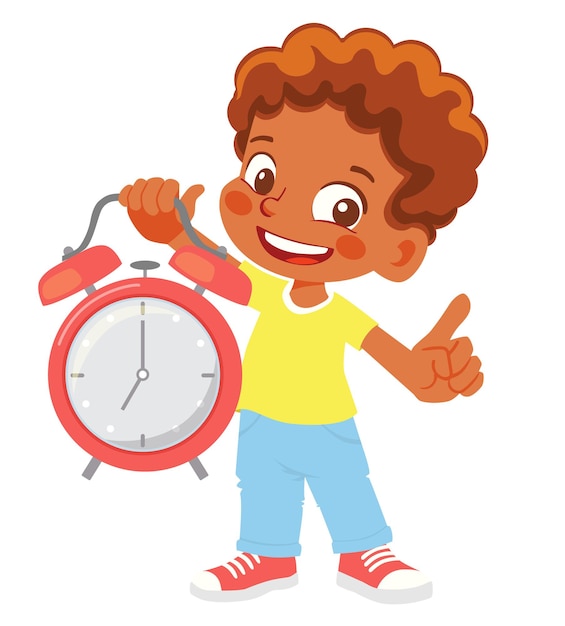 Boy holding alarm clock clipart