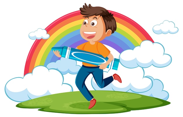 A boy holding big crayon with rainbow in the sky