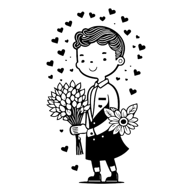 Vector boy holding a bouquet of flowers valentine illustration sketch hand draw