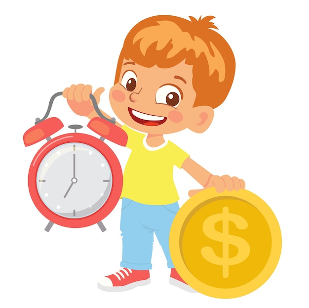 Boy holding clock and money vector clipart