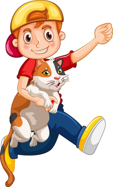 A boy holding cute cat cartoon character isolated on white background